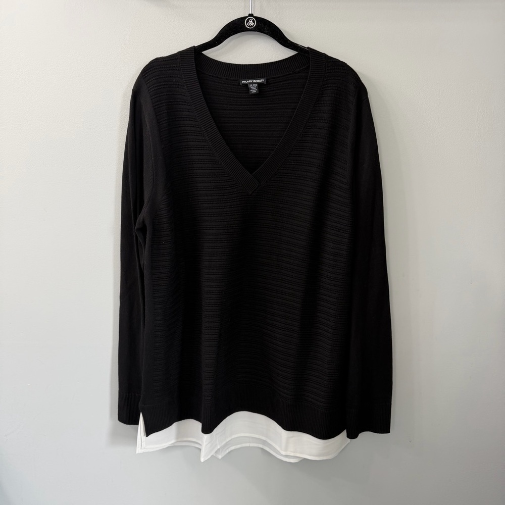 Hilary Radley Black Ribbed Knit V Neck Sweater Attached White Blouse Hem XXL